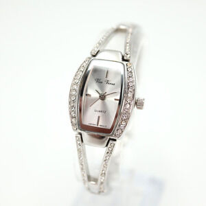 Vice Versa Ladies Silver Tone Watch Barrell Dial Diamond Accent Bezel Bracelet
